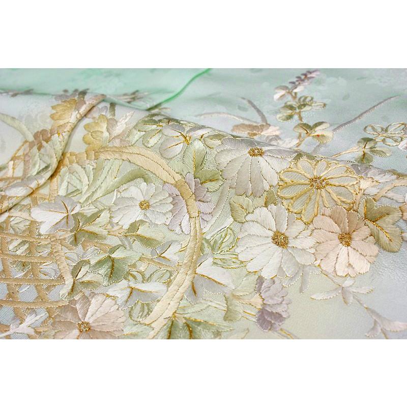 訪問着 手刺繍 水色 菊 桜 萩 藤 花籠 友禅ぼかし染 正絹 最高級 丹後