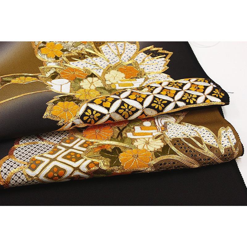 訪問着 スワトウ刺繍 手刺繍 黒地 菊 雪輪 梅 楓 七宝 青海波 寛文