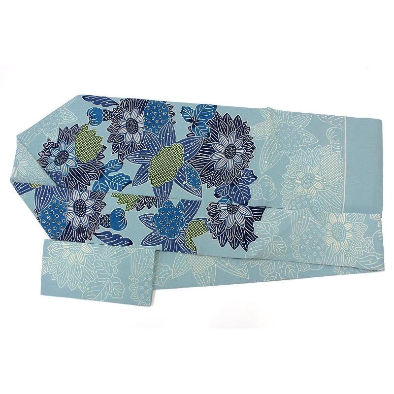 栗山吉三郎 名古屋帯 栗山紅型 紅型染 和染紅型 水色 菊 雲 正絹 浜