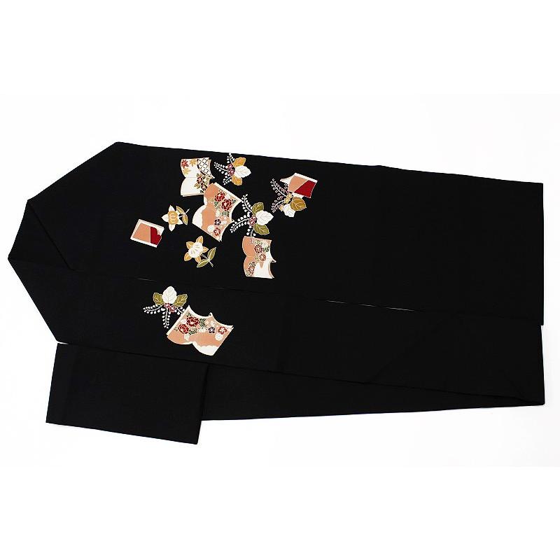 名古屋帯 正絹 塩瀬 黒地 ブラック 冊子 踊り桐 橘 菊 牡丹 楓 絹菱 本