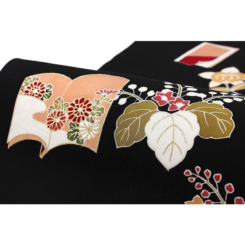 名古屋帯 正絹 塩瀬 黒地 ブラック 冊子 踊り桐 橘 菊 牡丹 楓 絹菱 本