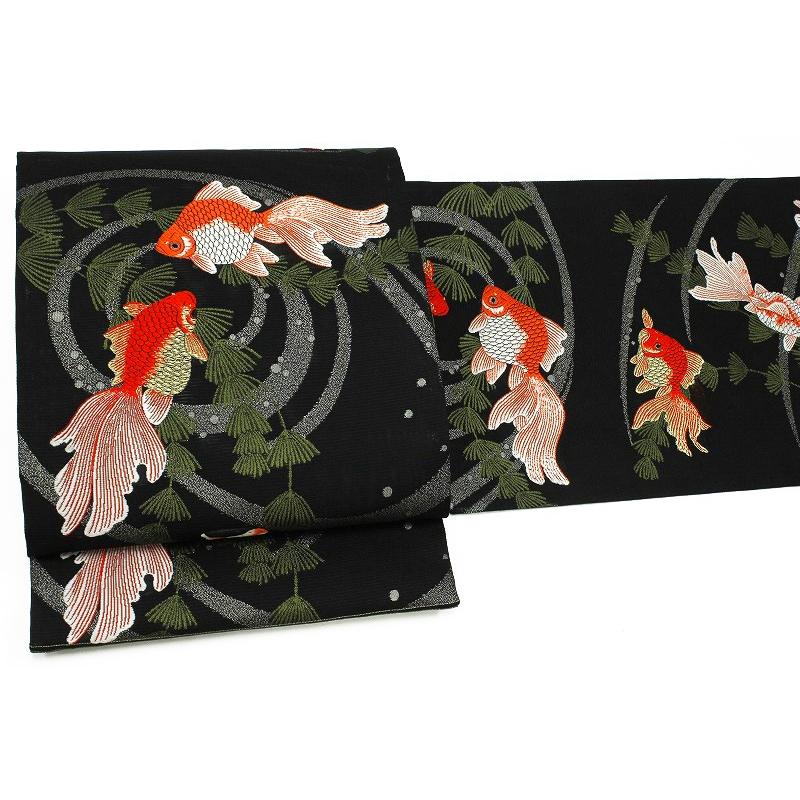 金魚柄袋帯 袋帯 金魚 きんぎょ 山口美術織物 唐織 黒地 琉金蒼波文 絽 夏物 新品