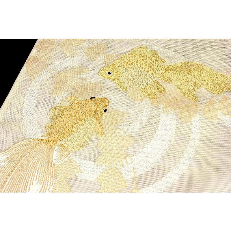 袋帯 金魚 きんぎょ 山口美術織物 唐織 オフホワイト 琉金蒼波文 絽