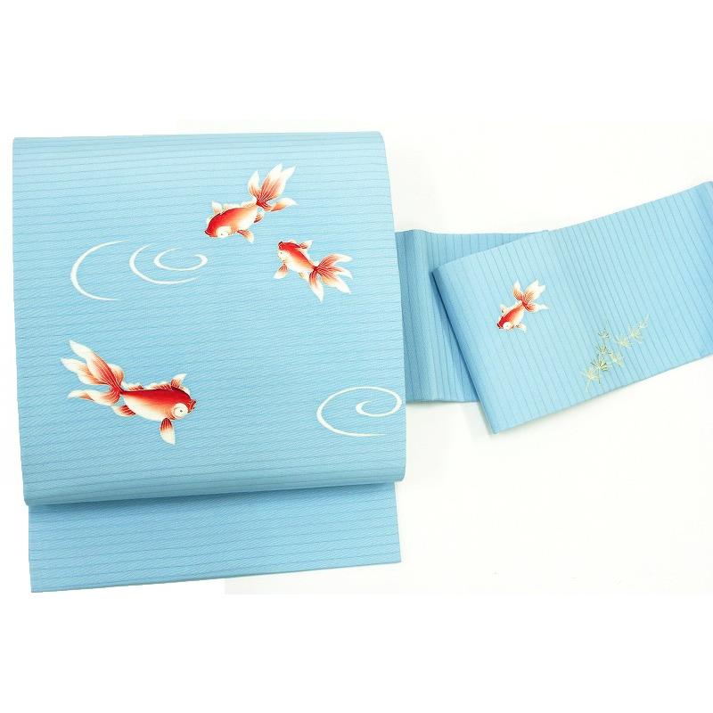 名古屋帯 十日町友禅 秀美 夏物 水色 正絹 絽 五泉 塩瀬 未仕立て 新品