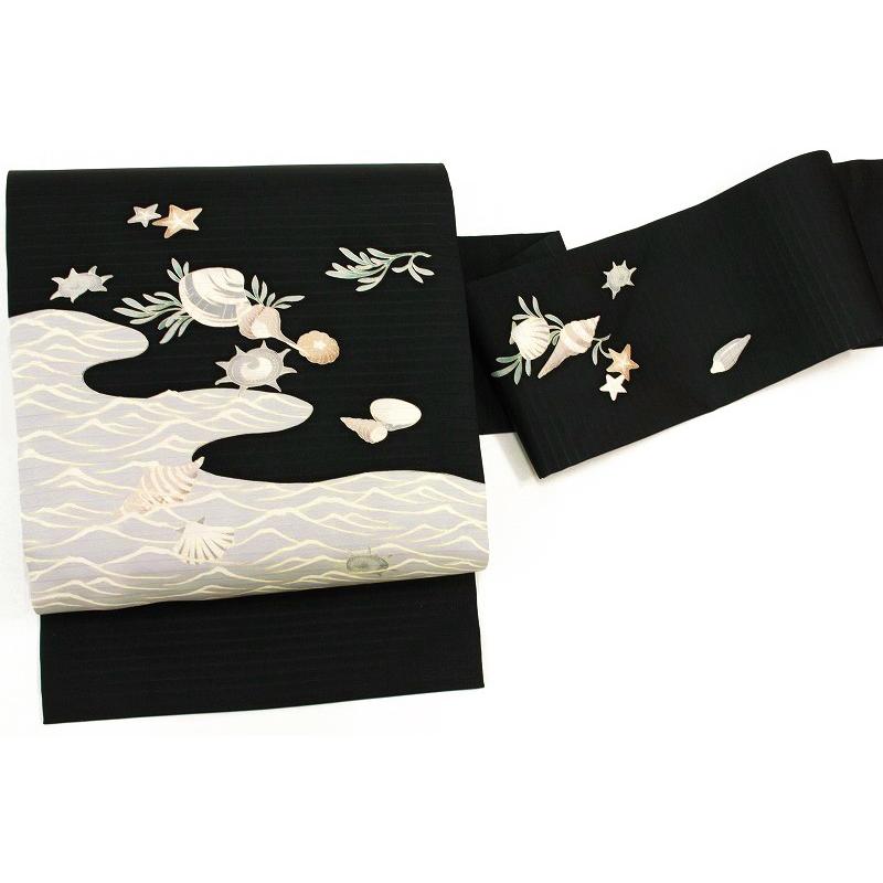 名古屋帯 夏物 正絹 絽 秀美 十日町友禅 黒地 海 貝殻 塩瀬 五泉 新品