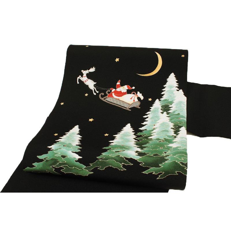 半額クーポン配布中 ブラック 黒 秀美 十日町友禅 名古屋帯 クリスマス No 1809 受注生産 かっこいい おしゃれ かわいい カジュアル 新品 ちりめん 反物 お洒落着 エレガント 上品 未仕立て 新品 九寸 本加工友禅 正絹 反物 月九寸 サンタクロース Christmas Xmas