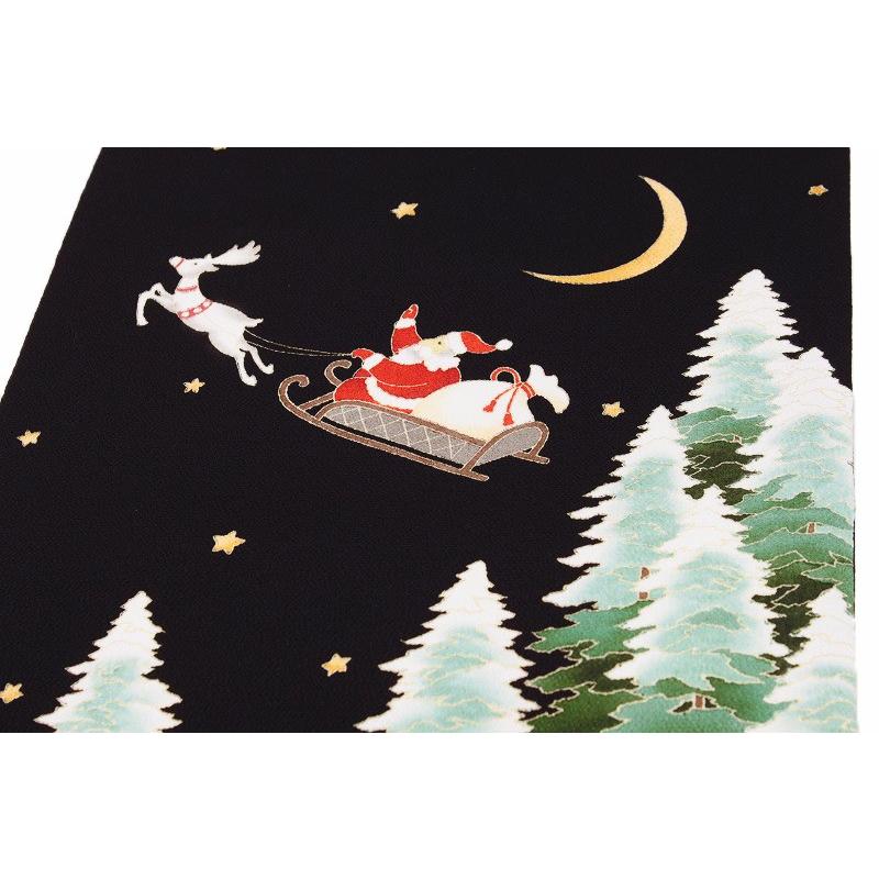 半額クーポン配布中 ブラック 黒 秀美 十日町友禅 名古屋帯 クリスマス No 1809 受注生産 かっこいい おしゃれ かわいい カジュアル 新品 ちりめん 反物 お洒落着 エレガント 上品 未仕立て 新品 九寸 本加工友禅 正絹 反物 月九寸 サンタクロース Christmas Xmas