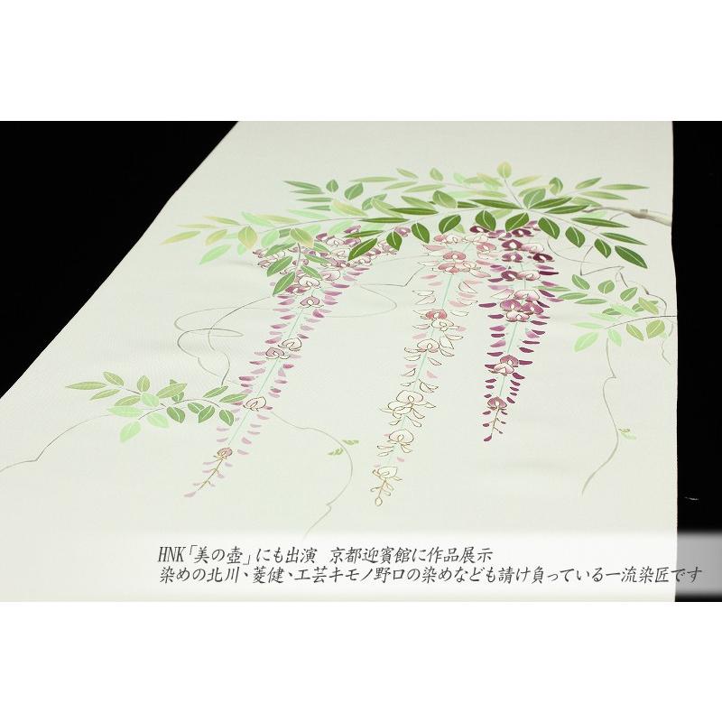 名古屋帯 塩瀬 正絹 白地 藤 絹菱 九寸 五泉 本加工友禅 新品 未 名古屋帯 塩瀬 正絹 白地 藤 絹菱 九寸 五泉 本加工友禅 新品 未