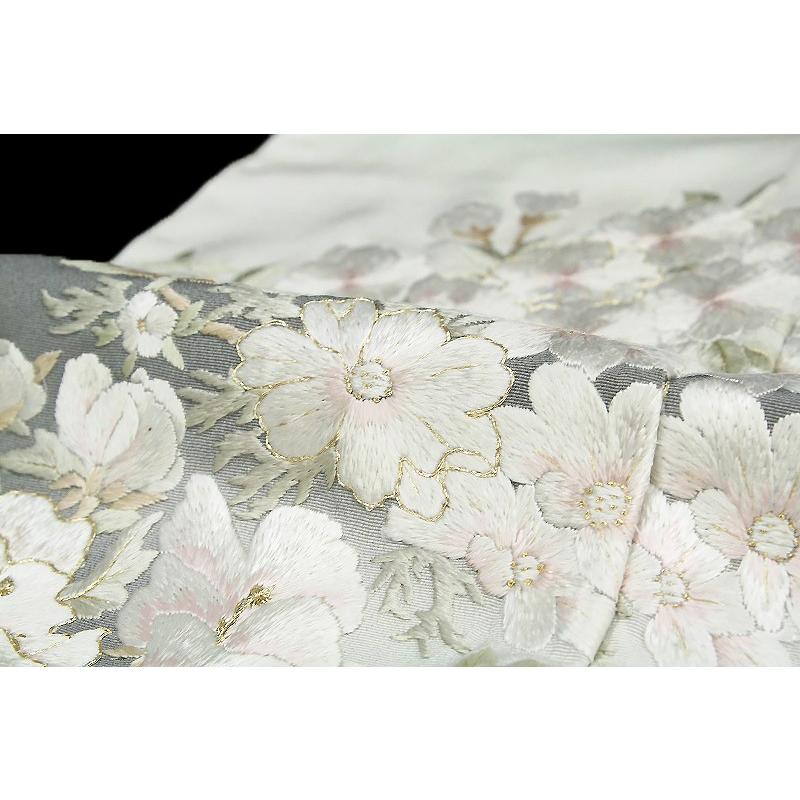 訪問着 手刺繍 花柄 正絹 白灰色 友禅ぼかし染 尾峨佐 未仕立て 豪華 