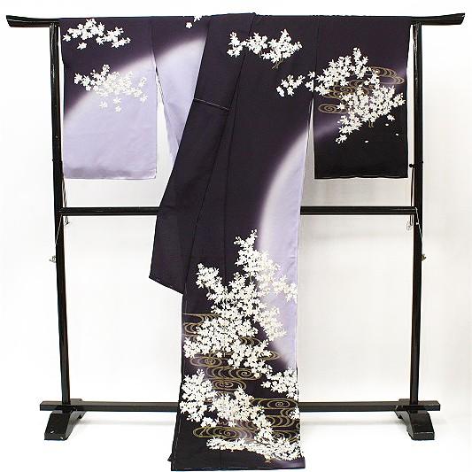 訪問着 手刺繍 桜 流水 濃紫色 薄藤色 友禅染 ぼかし 正絹 尾峨佐 未