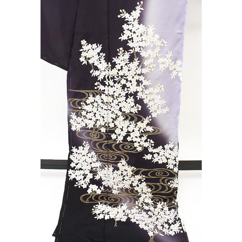訪問着 手刺繍 桜 流水 濃紫色 薄藤色 友禅染 ぼかし 正絹 尾峨佐 未