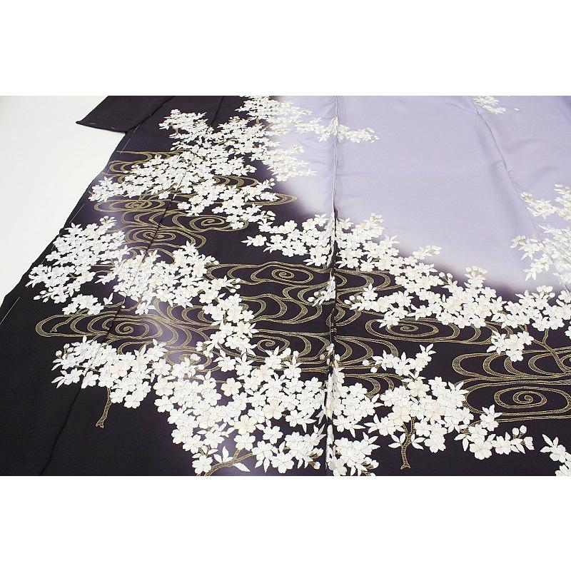 訪問着 手刺繍 桜 流水 濃紫色 薄藤色 友禅染 ぼかし 正絹 尾峨佐 未