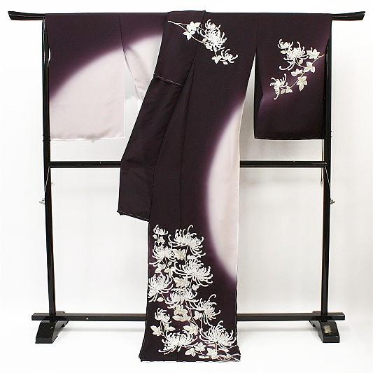 訪問着 手刺繍 濃紫色 薄灰桜 乱菊 友禅染 ぼかし 正絹 尾峨佐 未