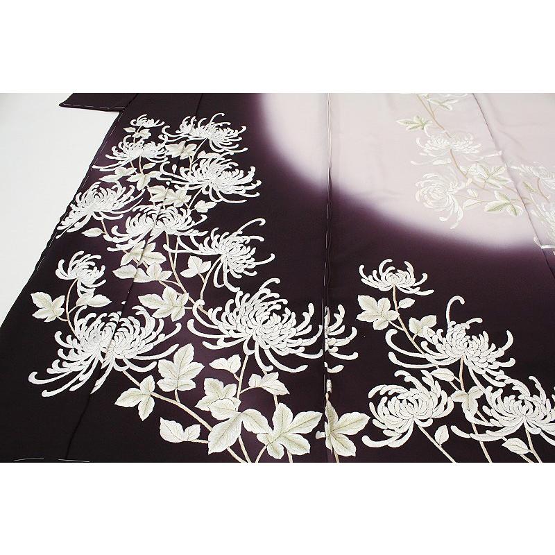 訪問着 手刺繍 濃紫色 薄灰桜 乱菊 友禅染 ぼかし 正絹 尾峨佐 未