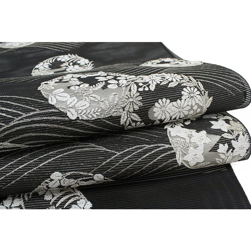 名古屋帯 夏物 極上唐織 黒地 西陣ふくい 菊 撫子 萩 秋草 花の丸 波