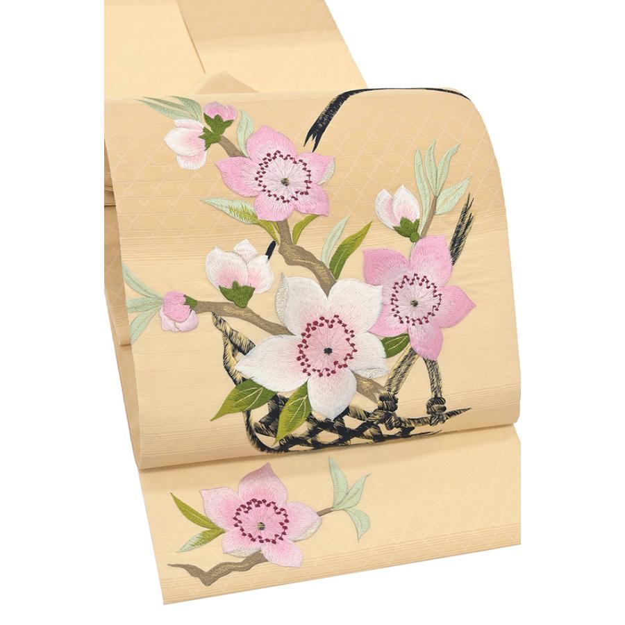 着物だいやす 227□名古屋帯□刺繍 桃 花籠 明枯色 特選 春・柄【送料