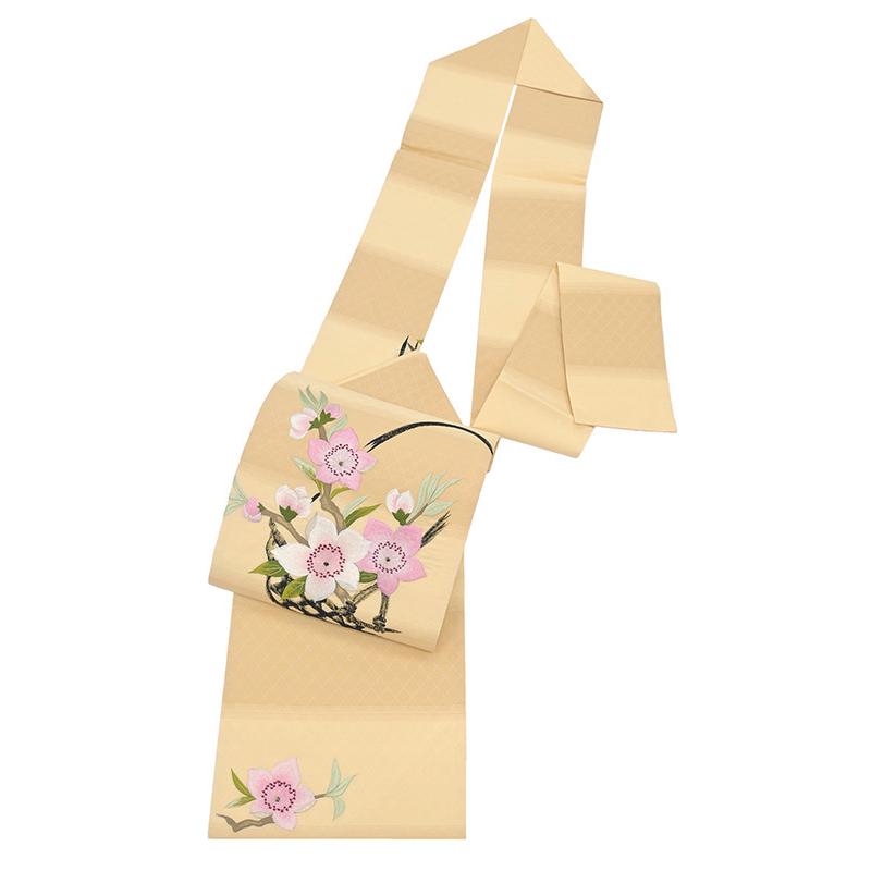 着物だいやす 227□名古屋帯□刺繍 桃 花籠 明枯色 特選 春・柄