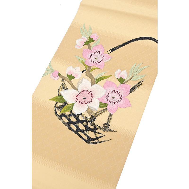 着物だいやす 227□名古屋帯□刺繍 桃 花籠 明枯色 特選 春・柄