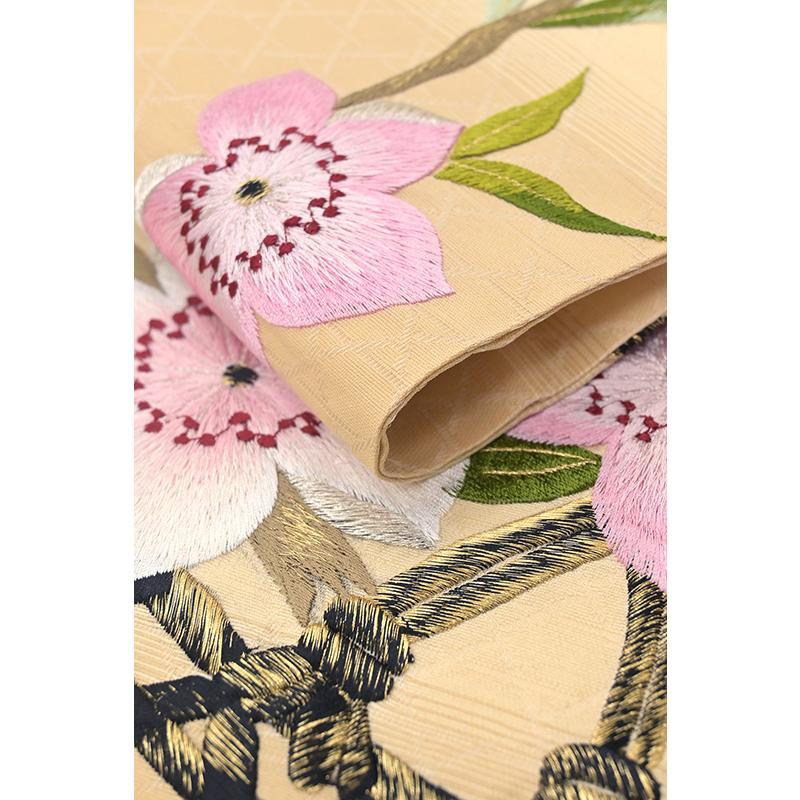 着物だいやす 227□名古屋帯□刺繍 桃 花籠 明枯色 特選 春・柄【送料