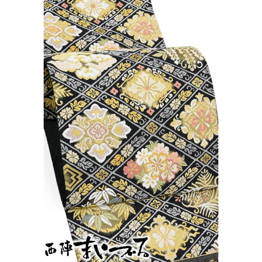 着物だいやす 163□袋帯□西陣まいづる 有職菱秀花文 黒色 特選 茶席 