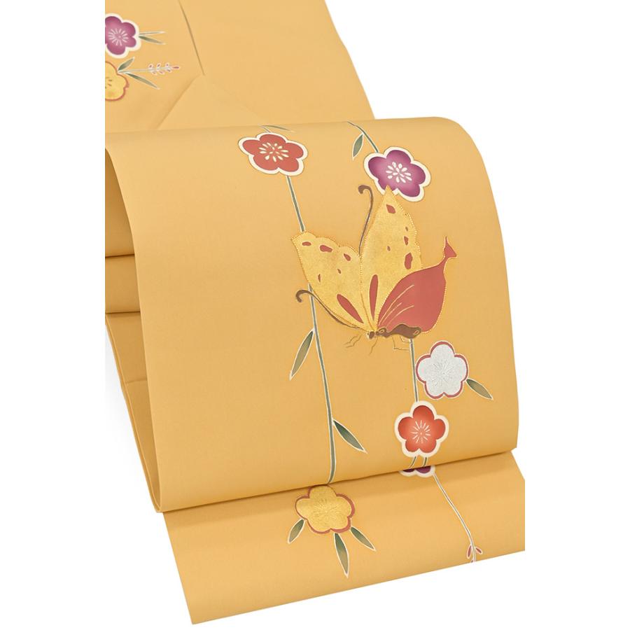 着物だいやす 569□名古屋帯□塩瀬 手描き友禅 梅花に蝶文 花蝶文 染め