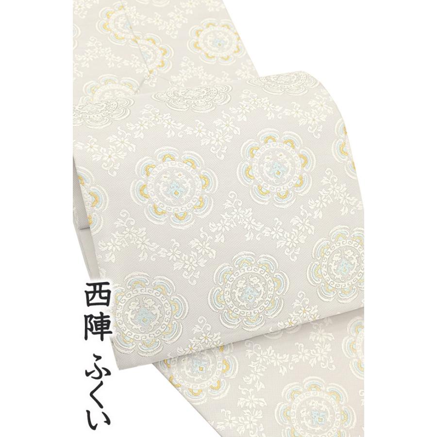 着物だいやす 966□名古屋帯□西陣織ふくい 唐織 草花鏡裏文 灰白色 