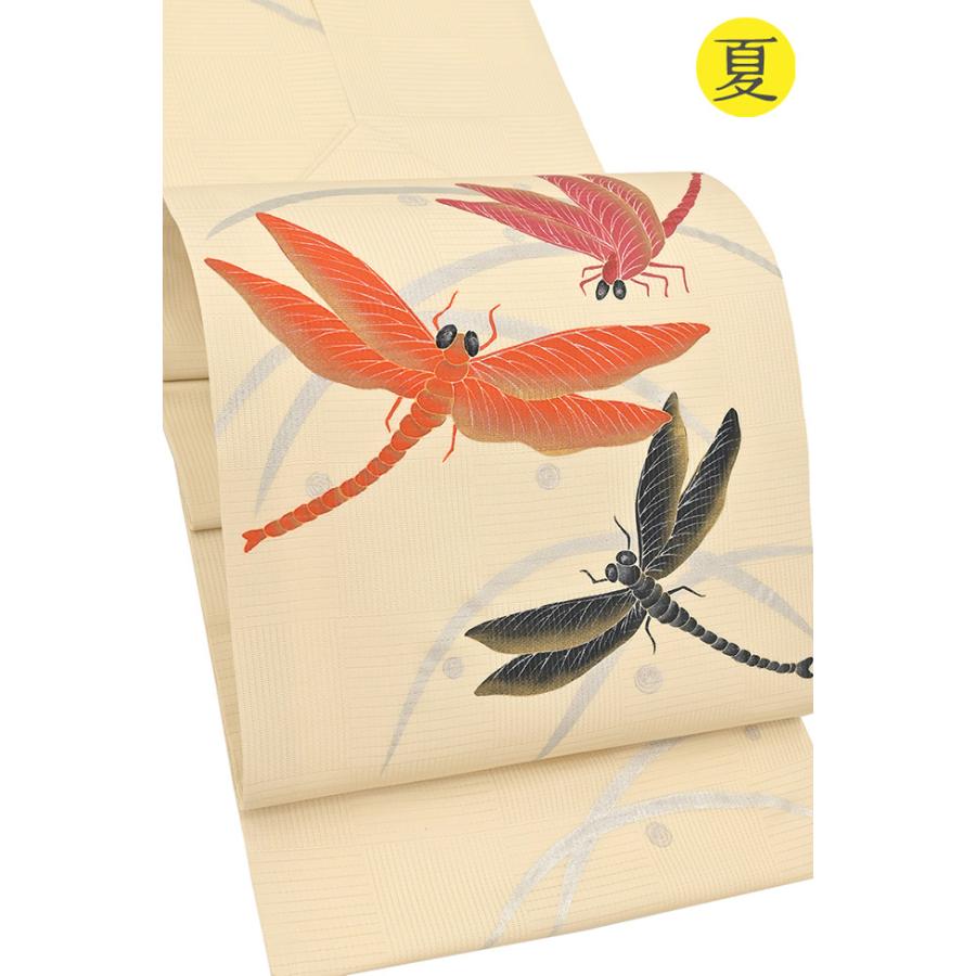 着物だいやす 617■名古屋帯■変り絽　手描き友禅　露芝草に蜻蛉文　勝ち虫蜻蛉　夏　薄卵色　染め帯【送料無料】【新品】