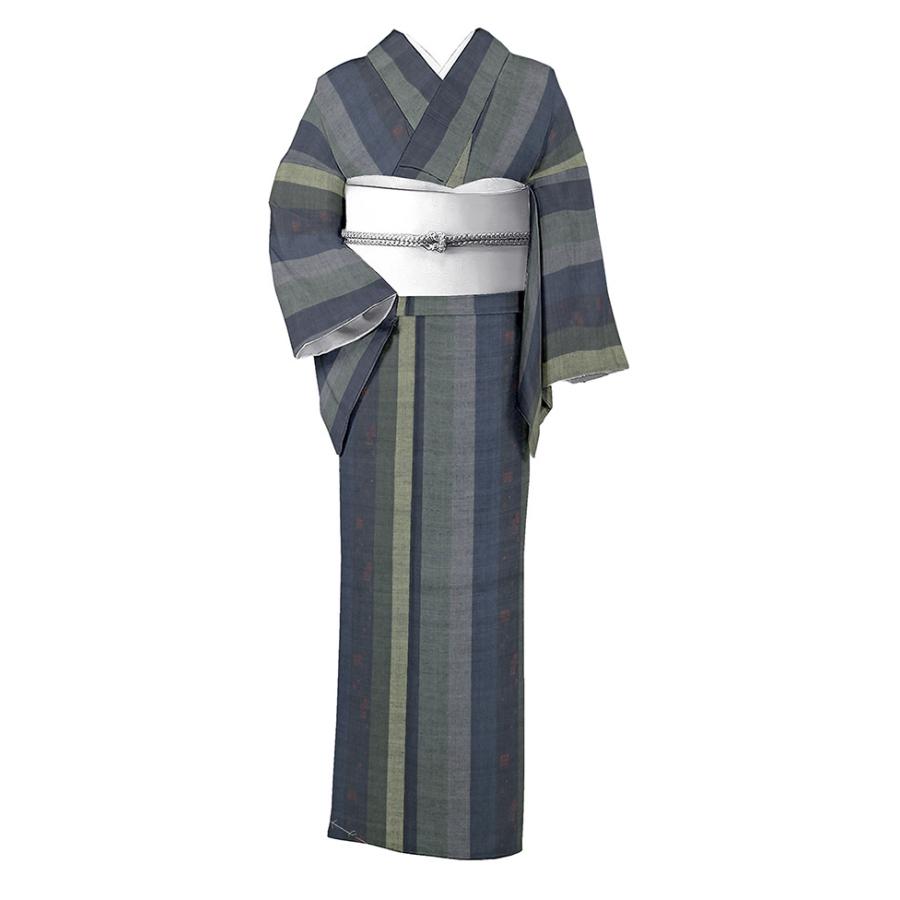 着物だいやす 605□本場結城紬□本結城 縞に亀甲升文 青鈍色 特選 身長