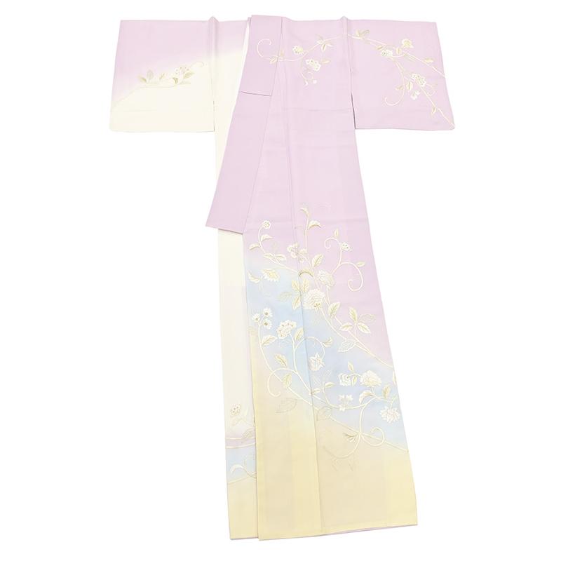 着物だいやす 645■訪問着■刺繍　丹後ちりめん 花唐草文 パステルカラー カラフルぼかし染 身長サイズ：L ガード加工【送料無料】【新品】の画像