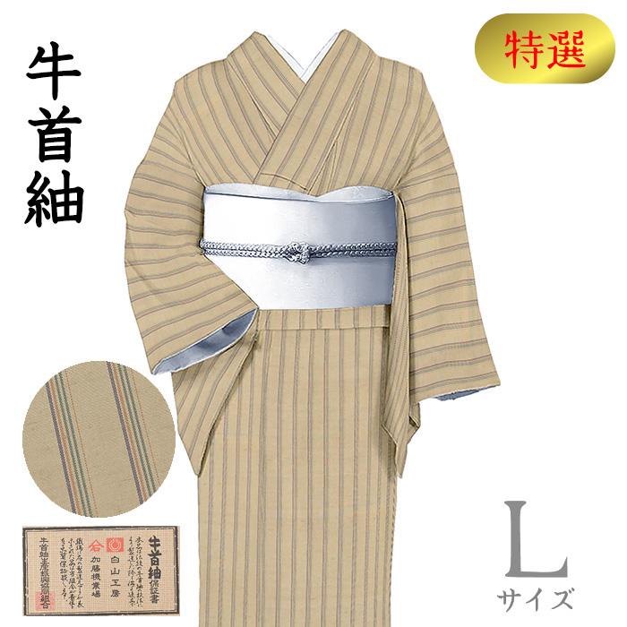 着物だいやす 091□牛首紬□レア♪白山工房 先染め 縦縞 薄生壁色 特選