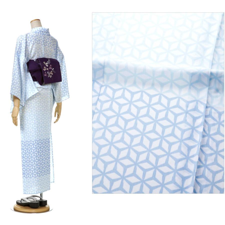 撫松庵 すかし麻の葉 水色 白 セオアルファ 単衣 夏着物 浴衣 仕立て上がり 単品 レディース 女性用 レトロ モダン カッコイイ 30代 40代 50代の画像