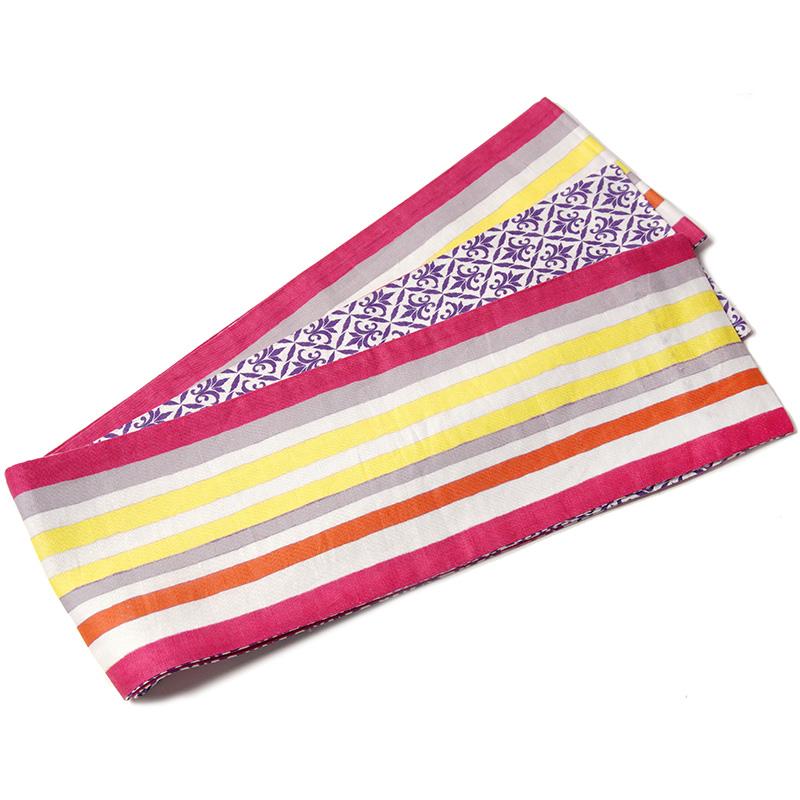 半幅帯 麻 縞 ヨーロッパ 紋章 フルードリス ストライプ 白 ピンク 紫