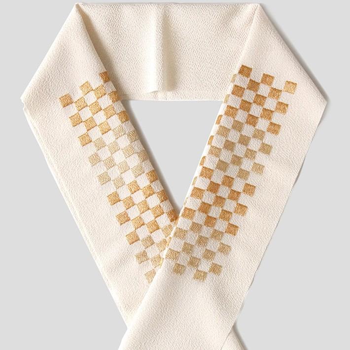 刺繍 半衿 市松 幾何学 カジュアル 日本製 半襟 オフホワイト 刺しゅう