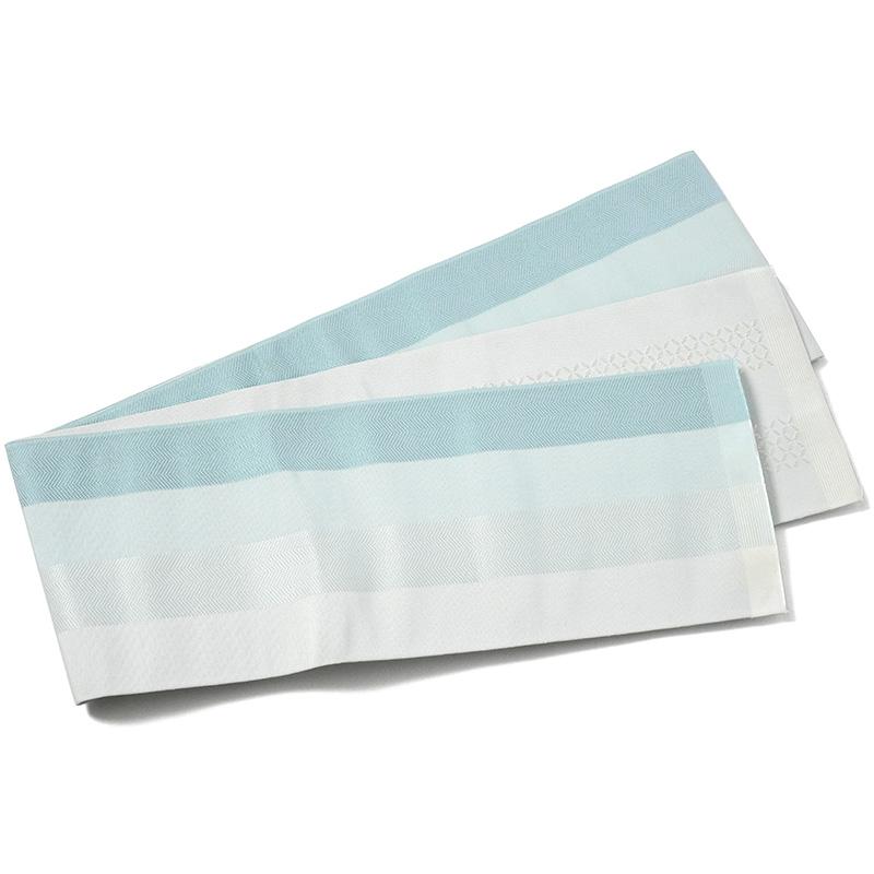 撫松庵 半幅帯 博多織 博多ボーダー 正絹 水色 リバーシブル 金証紙 細  