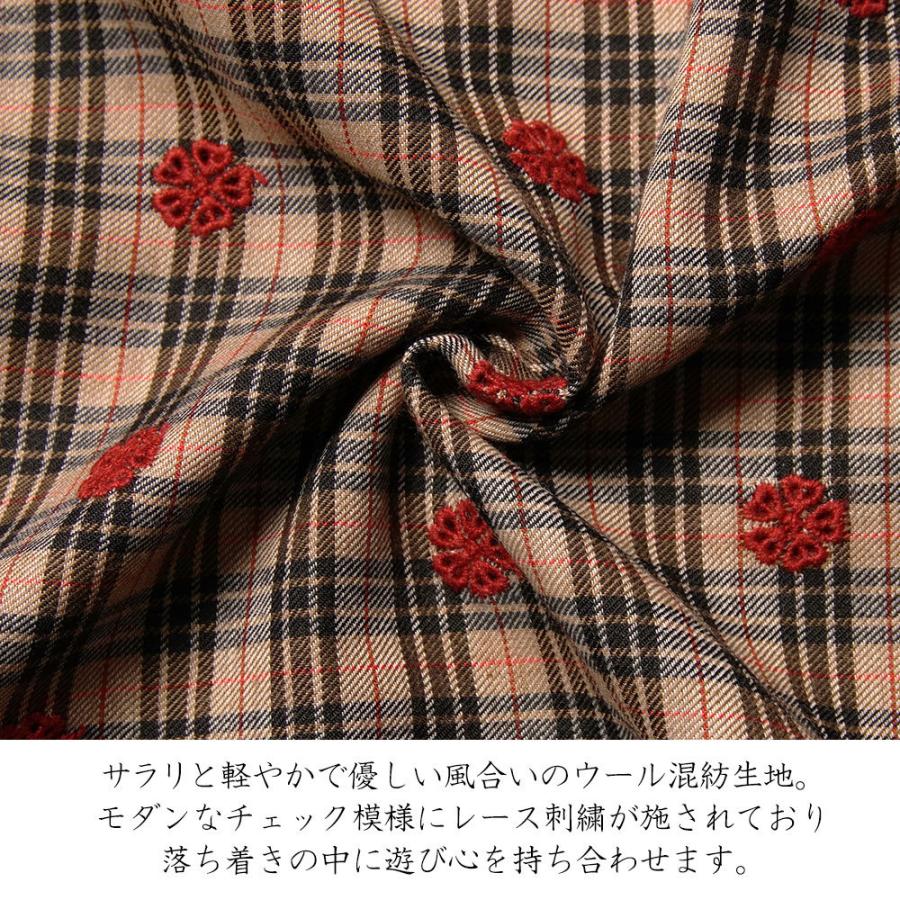 長羽織 刺しゅう チェック ベージュ ブラウン 赤 えんじ 花 ウール
