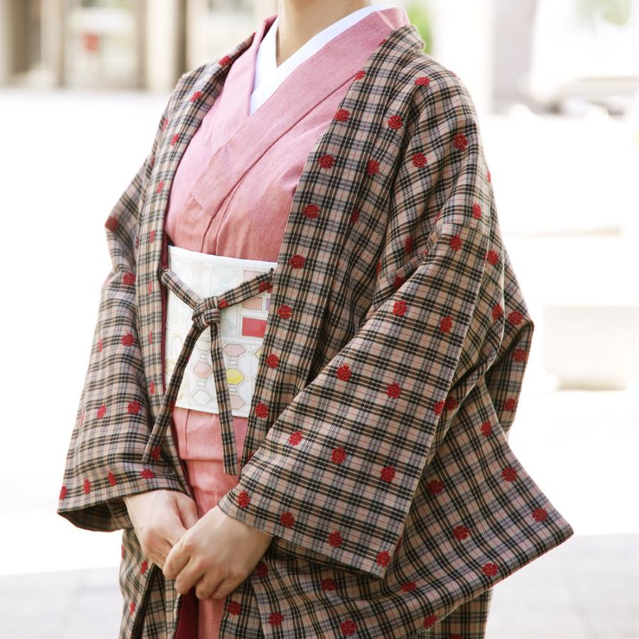 長羽織 刺しゅう チェック ベージュ ブラウン 赤 えんじ 花 ウール 