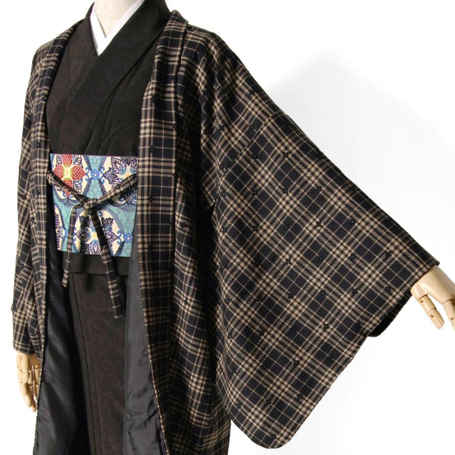 長羽織 刺しゅう チェック ブラウン 黒 グレー 花 ウール 羽織 