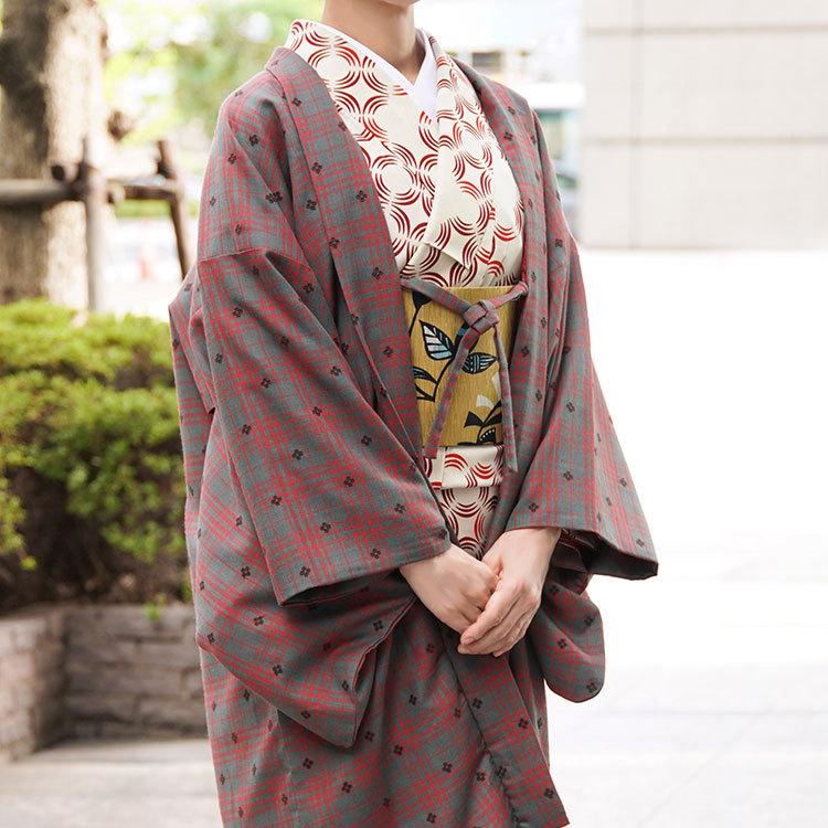 長羽織 刺しゅう チェック グレー 赤 えんじ 花 ウール 羽織 長羽織 刺しゅう チェック グレー 赤 えんじ 花 ウール 羽織
