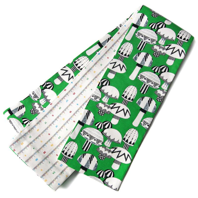 半幅帯 木綿 メジャー きのこ 白 緑 黒 カラフル モダン リバーシブル