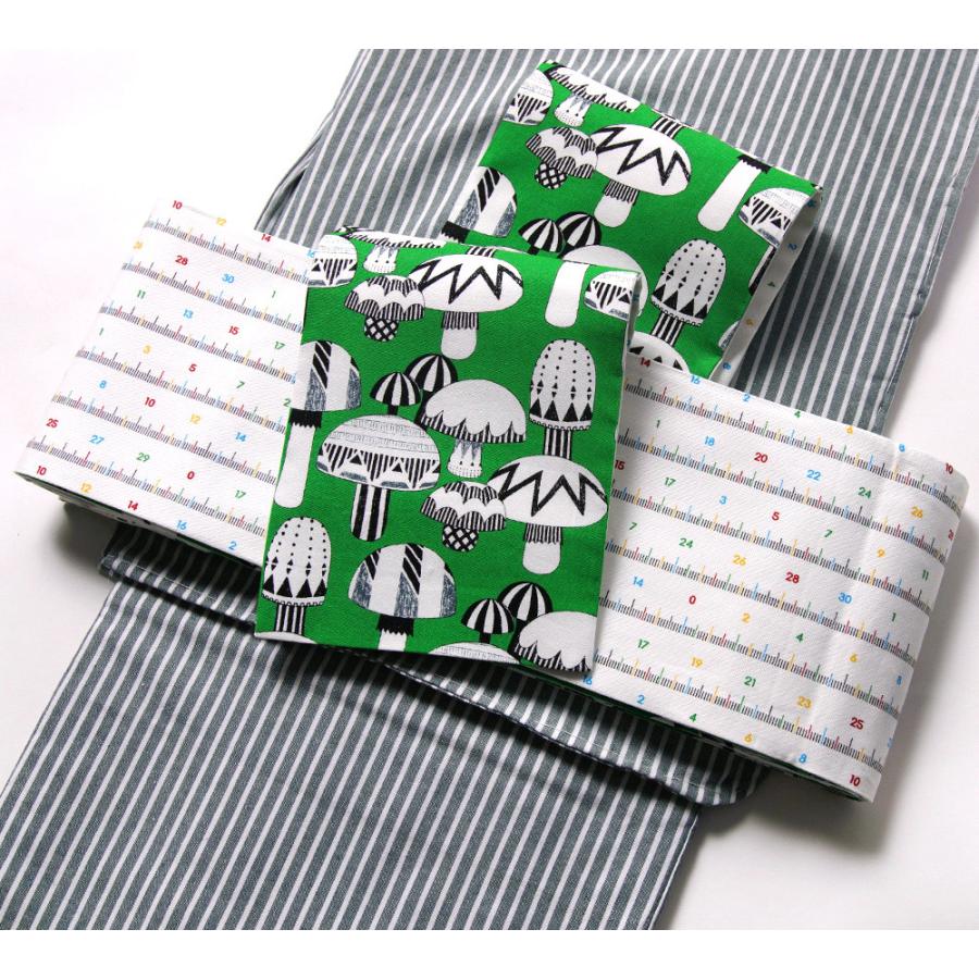 半幅帯 木綿 メジャー きのこ 白 緑 黒 カラフル モダン リバーシブル