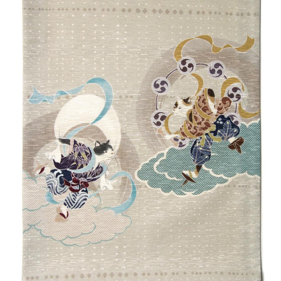 京袋帯 WAKKA 風神 雷神 猫 グレー 水色 正絹 お太鼓 一重太鼓 京袋帯 WAKKA 風神 雷神 猫 グレー 水色 正絹 お太鼓 一重太鼓