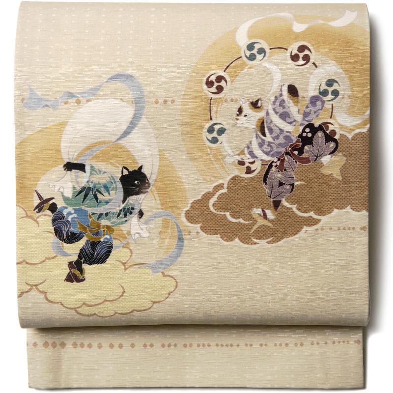 京袋帯 WAKKA 風神 雷神 猫 ベージュ 黄色 正絹 お太鼓 一重太鼓 京袋帯 WAKKA 風神 雷神 猫 ベージュ 黄色 正絹 お太鼓 一重太鼓