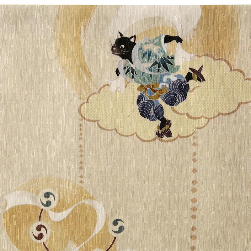 京袋帯 WAKKA 風神 雷神 猫 ベージュ 黄色 正絹 お太鼓 一重太鼓 京袋帯 WAKKA 風神 雷神 猫 ベージュ 黄色 正絹 お太鼓 一重太鼓