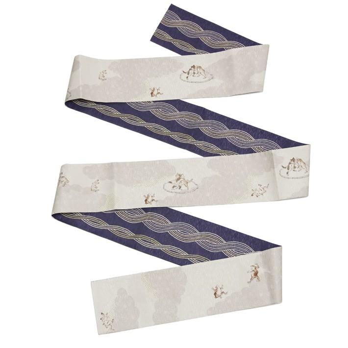 半幅帯 WAKKA 鳥獣戯画 綱取り 相撲 うさぎ カエル ねこ 蛙 グレー 紫