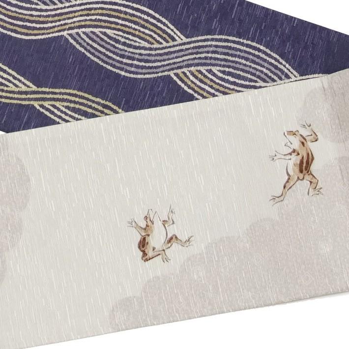 半幅帯 WAKKA 鳥獣戯画 綱取り 相撲 うさぎ カエル ねこ 蛙 グレー 紫