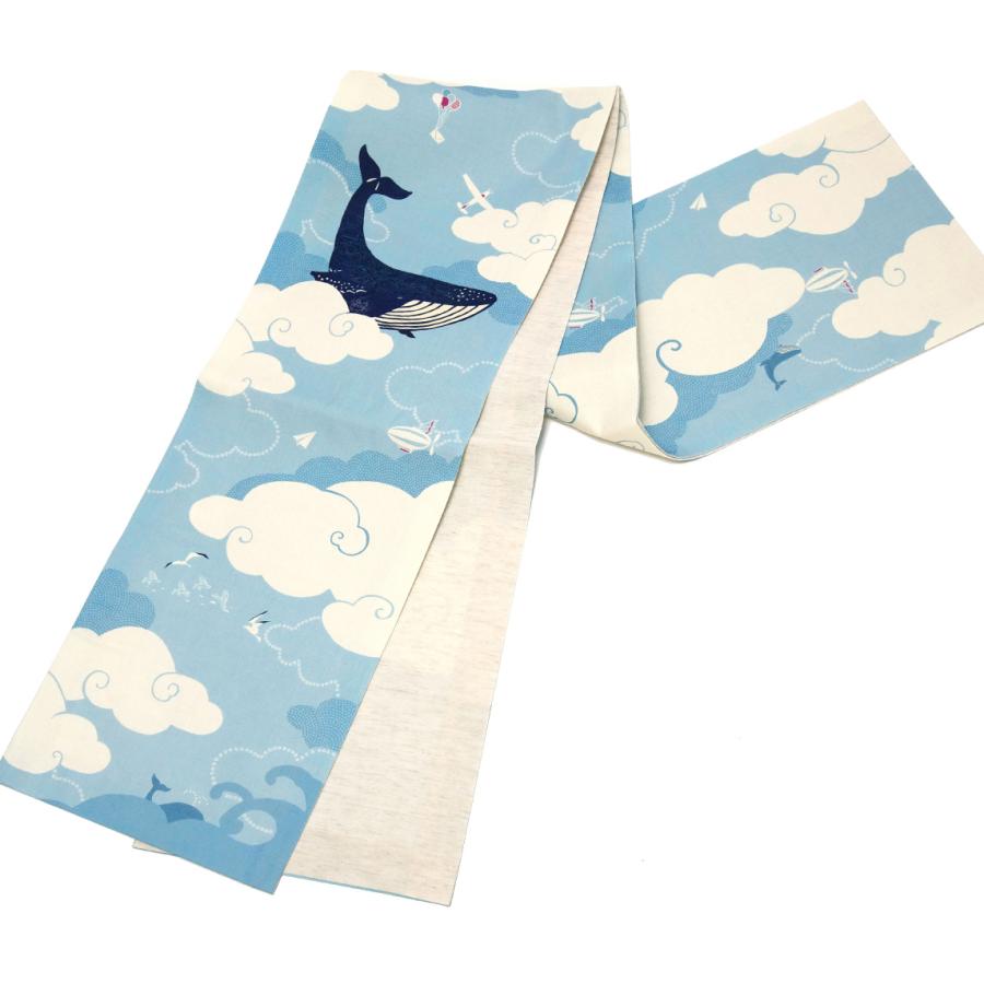 京袋帯 WAKKA 麻 クジラ 空 雲 海 飛行機 夏帯 カモメ 鳥 京袋帯 WAKKA 麻 クジラ 空 雲 海 飛行機 夏帯 カモメ 鳥