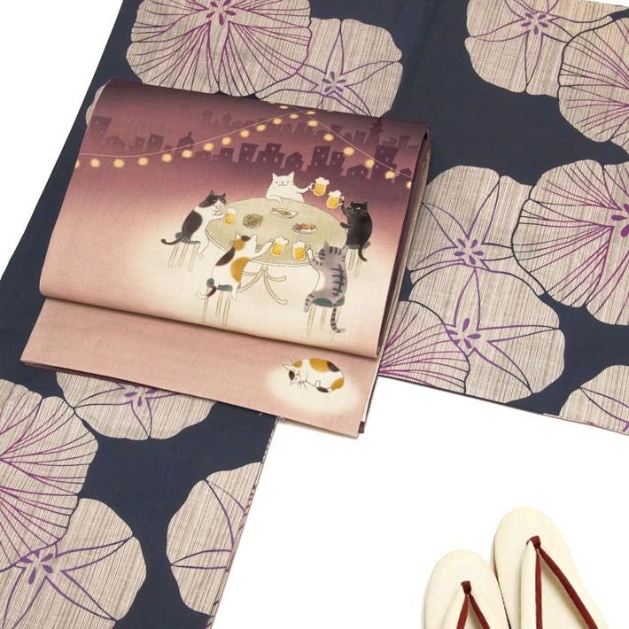 京袋帯 WAKKA 麻 ネコ ビアガーデン ビール 夏帯 ボルドー ブラウン