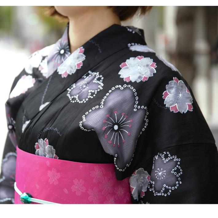 浴衣 3点セット 綿麻 花 桜 絞り風 黒 ピンク 半幅帯 桐下駄 浴衣 3点セット 綿麻 花 桜 絞り風 黒 ピンク 半幅帯 桐下駄