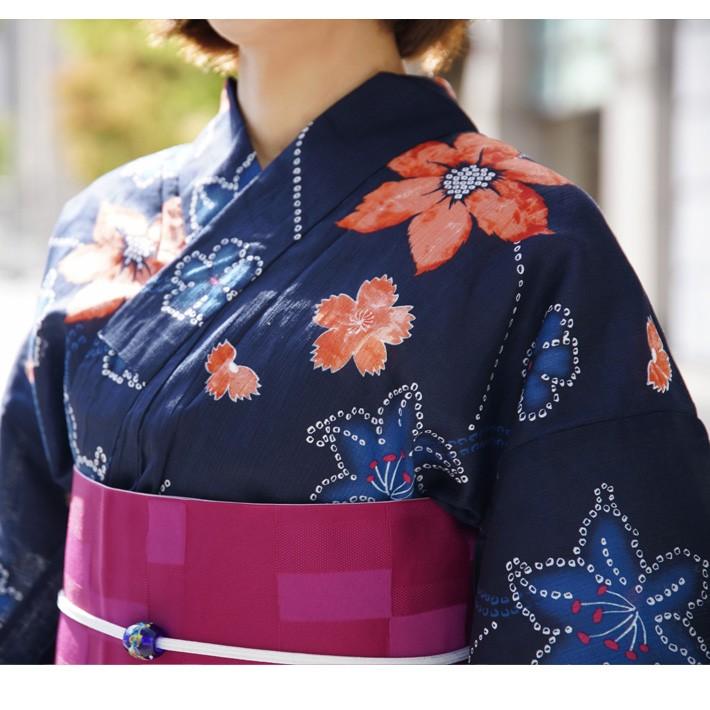 浴衣 3点セット 綿麻 花 絞り風 紺 オレンジ 青 半幅帯 桐下駄 浴衣 3点セット 綿麻 花 絞り風 紺 オレンジ 青 半幅帯 桐下駄