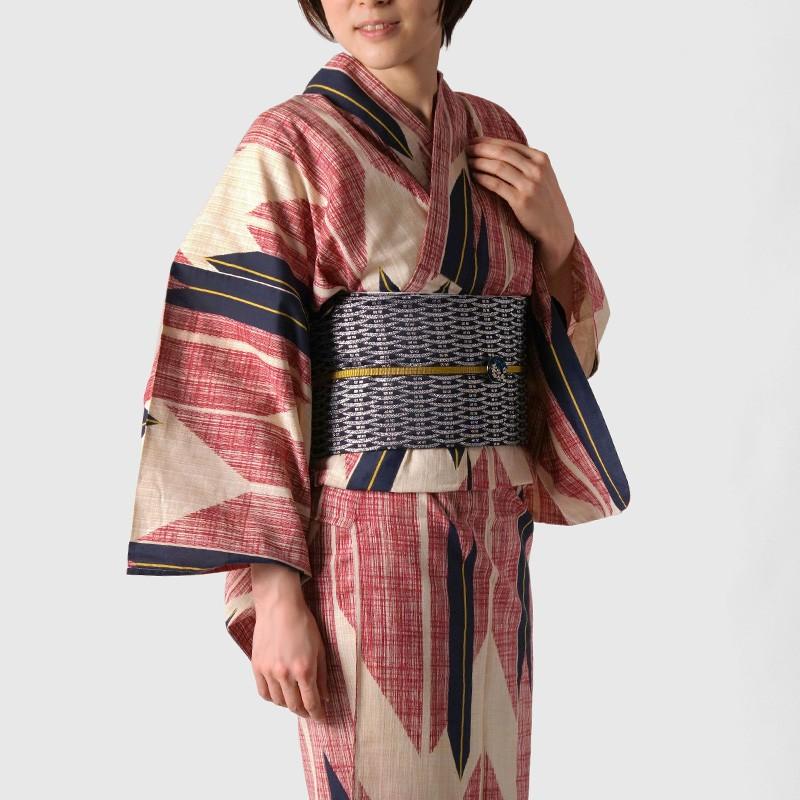 浴衣 単品 綿麻 矢羽根 レディース 赤 レトロ モダン 古典柄 夏着物